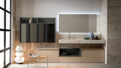 Mobile Bagno da appoggio in rovere con piano con lavabo integrato in gres finitura marmo Calacatta INK PRESTIGE NK32 di Compab