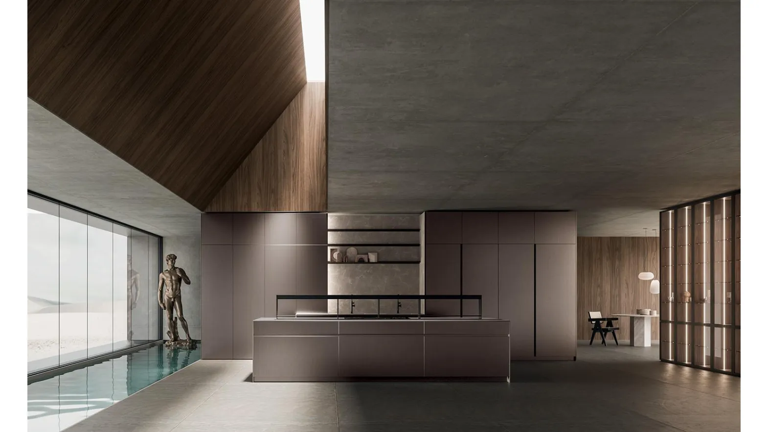 Cucina Design con isola HC08 01 Minimal in laccato rigato metal di Astra