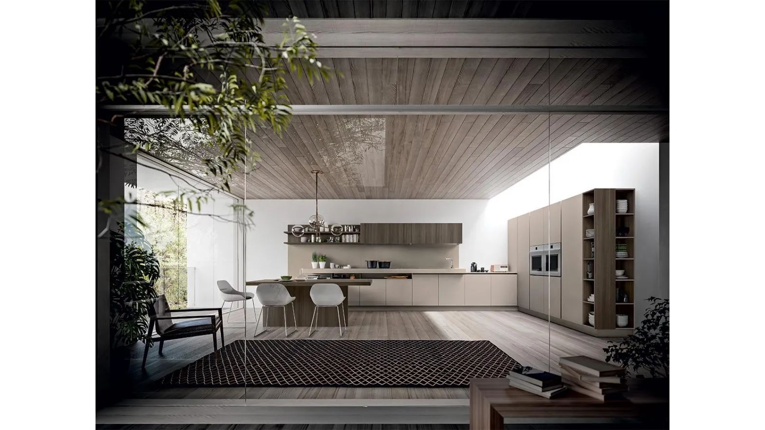 Cucina Design con penisola XXL 07 in laccato opaco creta e laminato di Astra