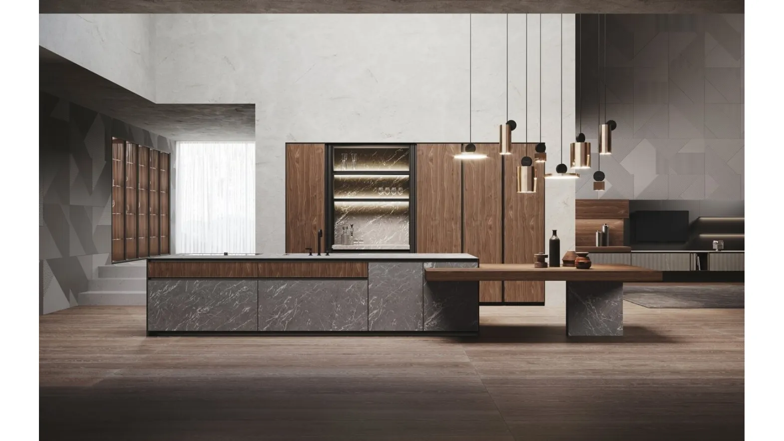 Cucina Design con isola in hpl finitura pietra Alicante e Noce Canaletto Avola di Binova