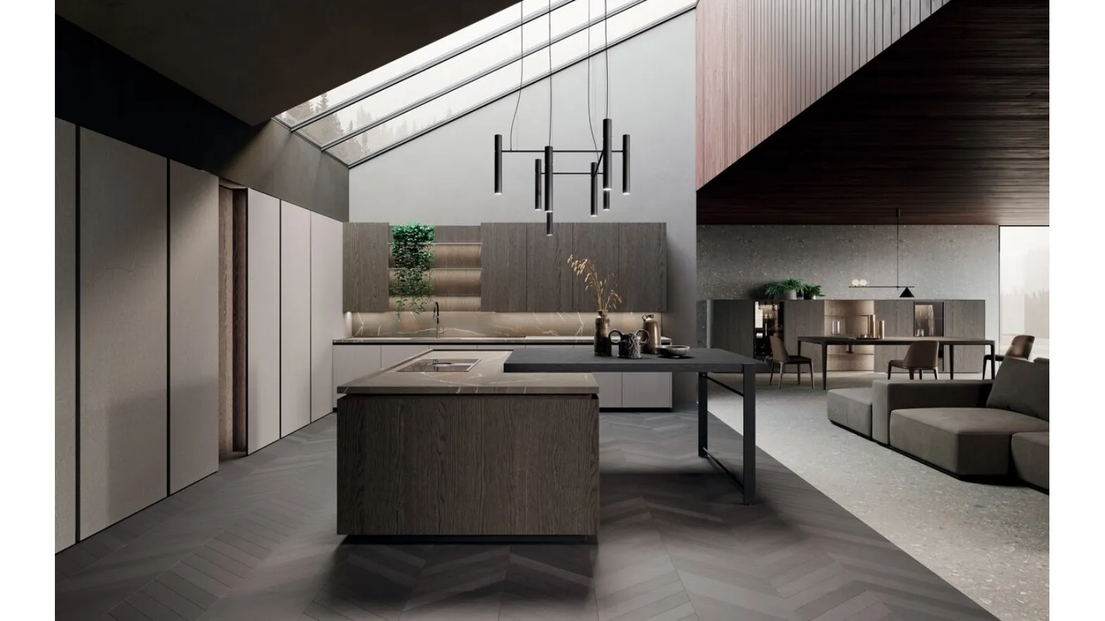 Cucina Design con isola e penisola in rovere grigio e bilaminato pietra piasentina Bluna Legno di Binova