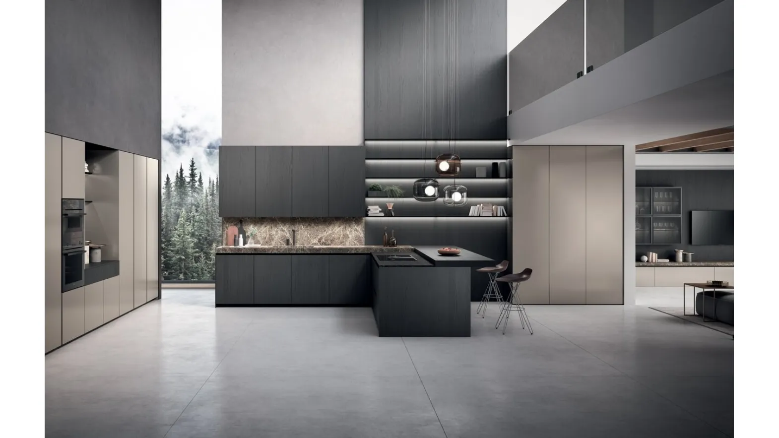 Cucina Design con penisola Bluna Tech in rovere carbone e alluminio di Binova