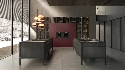 Cucina Design con doppia isola in legno finitura Rovere Vesuvio, top in gres e piedi in metallo Regula di Binova