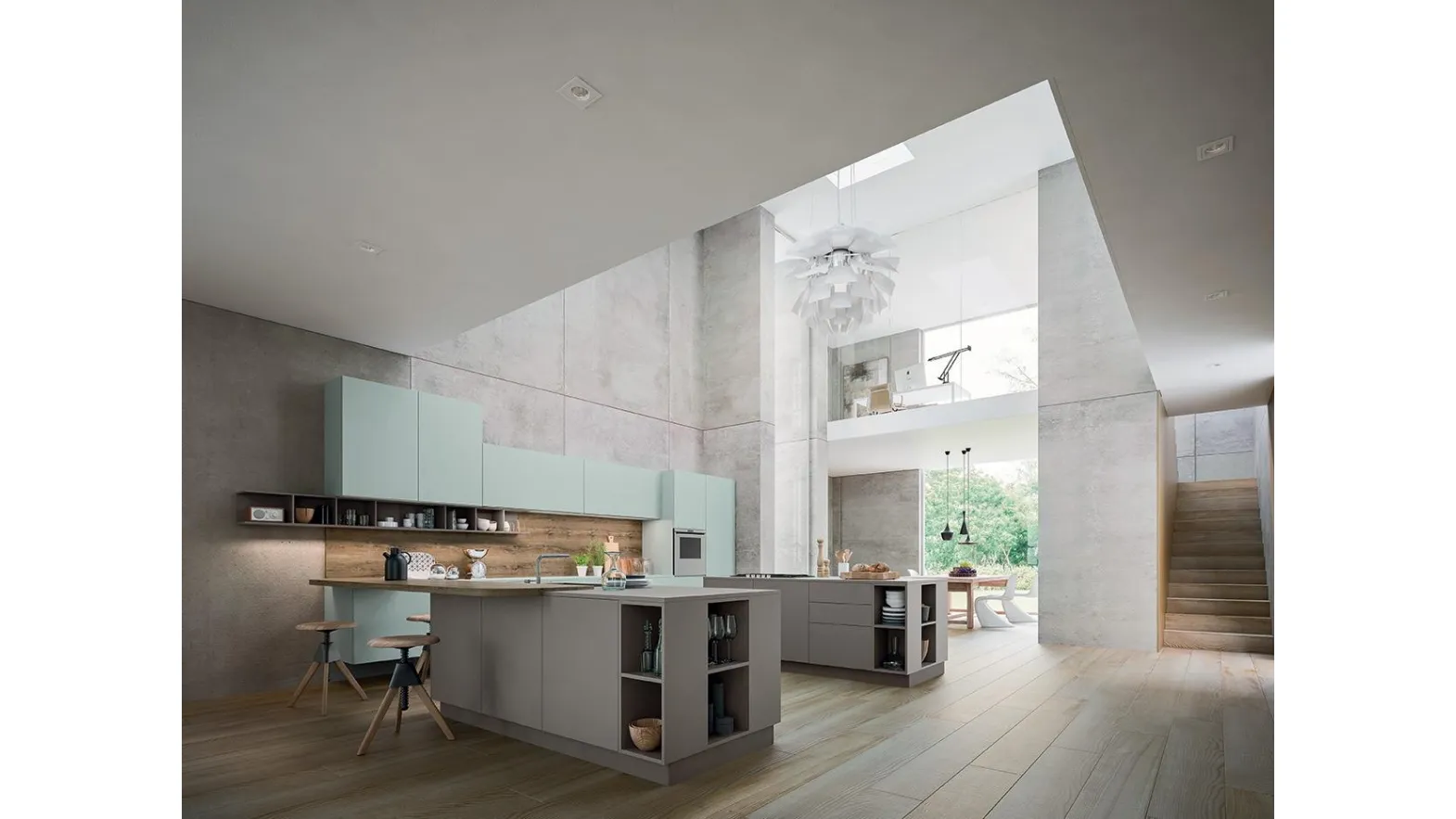 Cucina Design con isola e penisola XXL 03 Vitrum in laccato opaco Londra e vetro di Astra