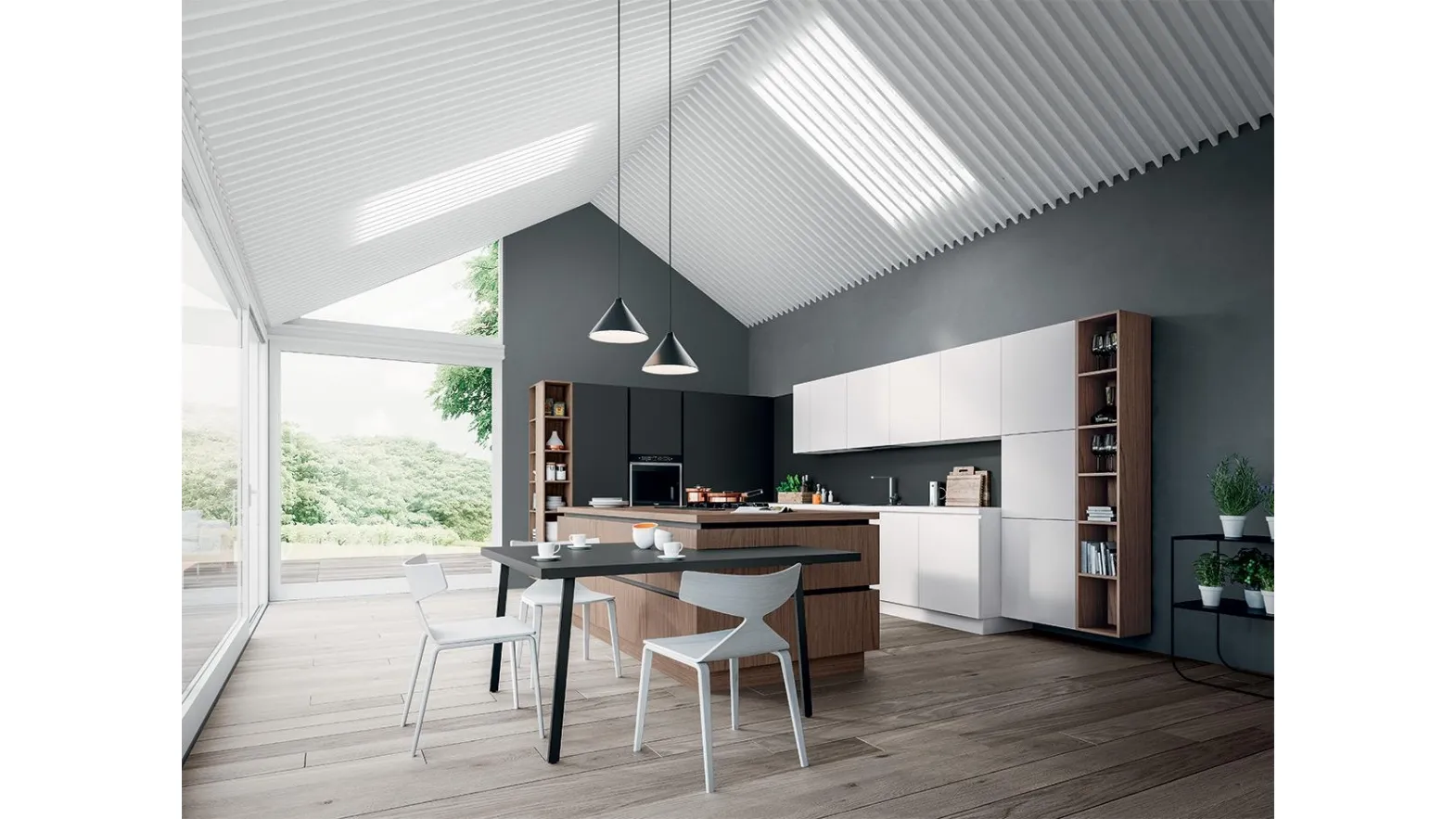 Cucina Design in laminato Fenix Bianco e Nero con isola in legno impiallacciato Noce Brianza XXL 06 di Astra