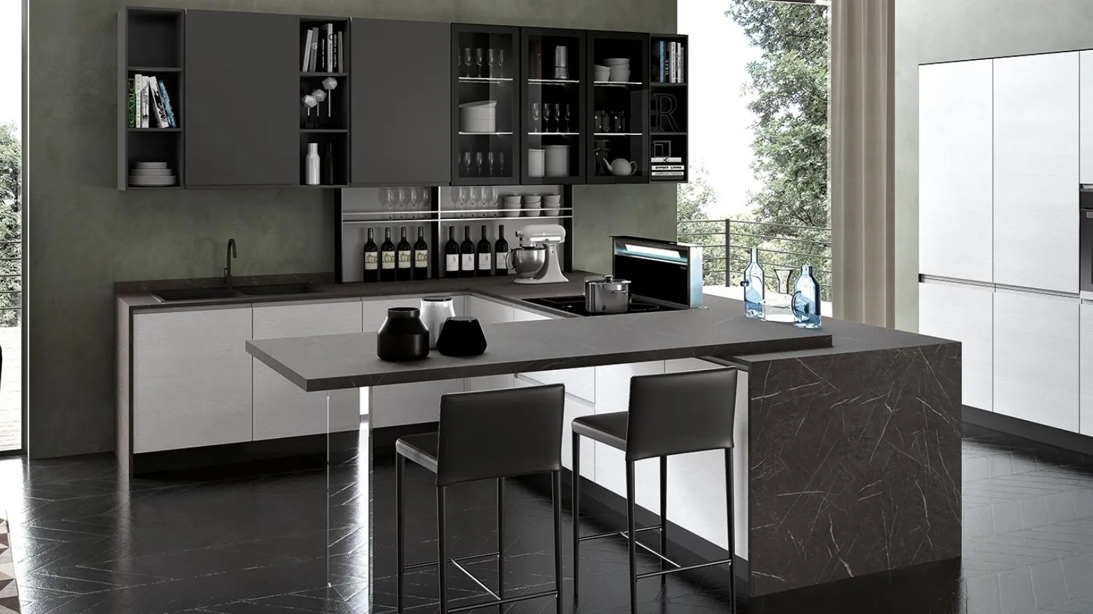 Cucina Moderna Aria finitura Rovere Perla e laccato Antracite opaco di Evo Cucine