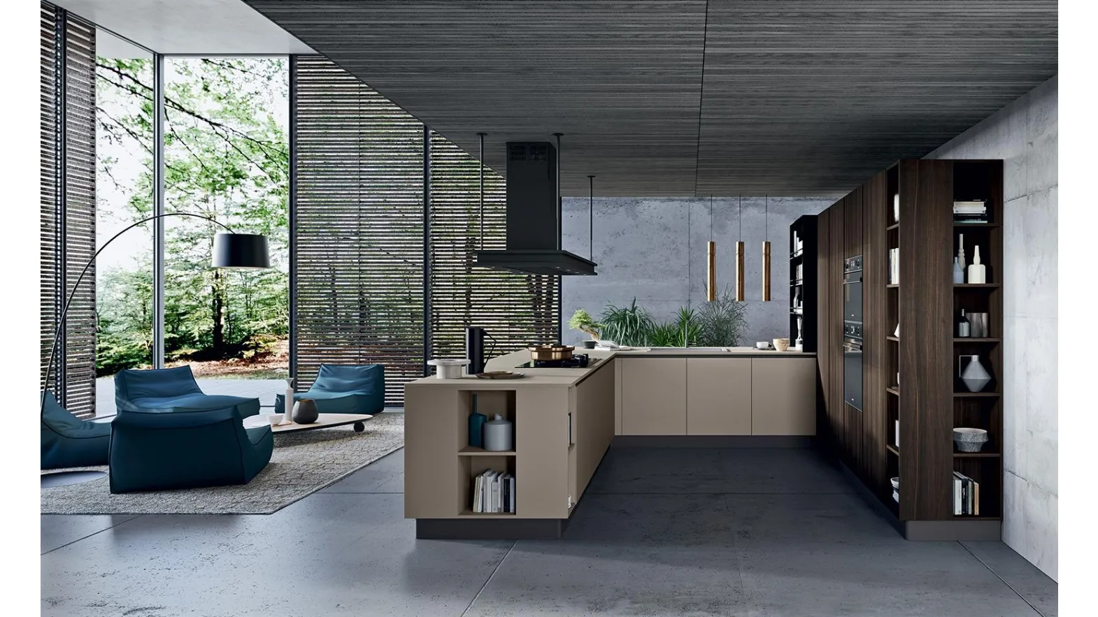 Cucina Moderna con penisola Zen 01 in laminato finitura Terranova e Rovere Indy di Astra