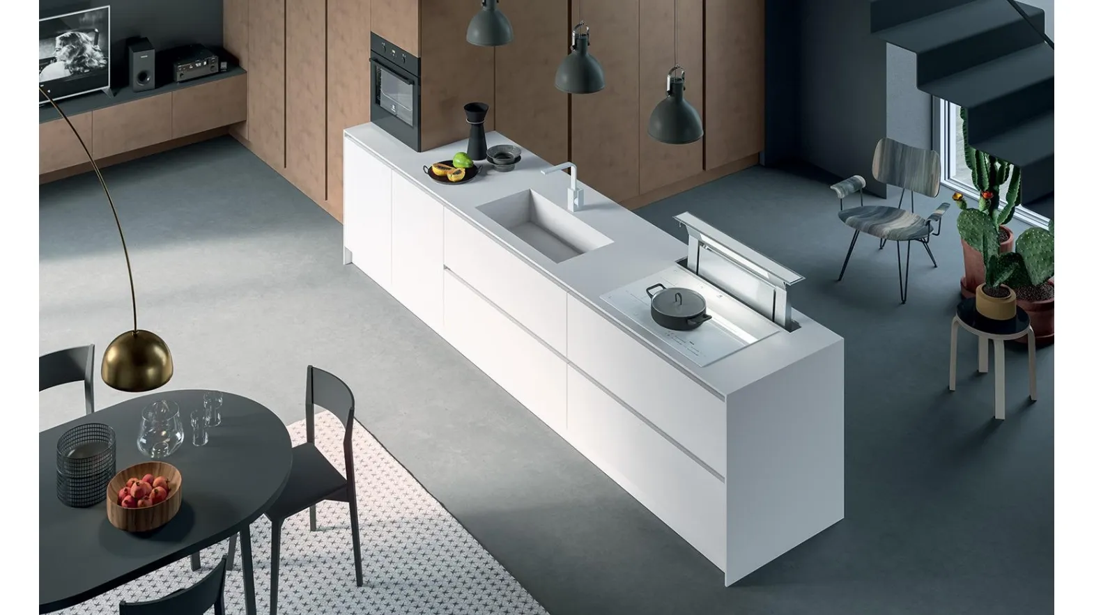 Cucina Moderna con penisola Zen 04 in laccato opaco Bianco e Rame di Astra