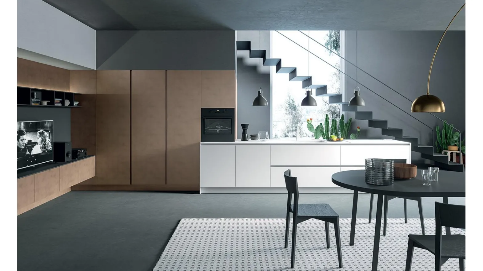 Cucina Moderna con penisola Zen 04 in laccato opaco Bianco e Rame di Astra