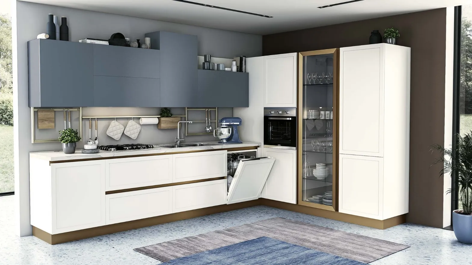 Cucina Moderna angolare Bali Bianco e Avio di Evo Cucine