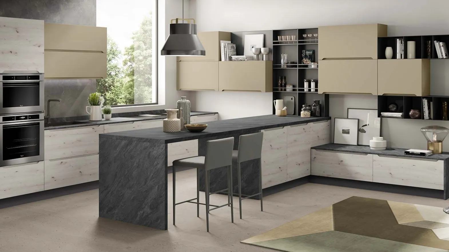 Cucina Moderna con penisola Carima finitura Rovere nodato chiaro e Nocciola opaco di Evo Cucine