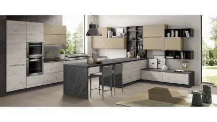 Cucina Moderna con penisola Carima finitura Rovere nodato chiaro e Nocciola opaco di Evo Cucine