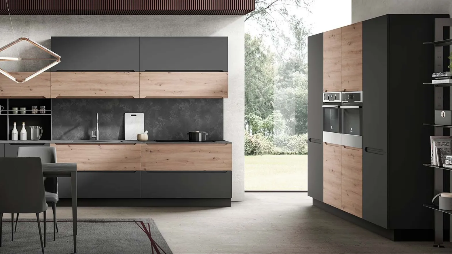 Cucina Moderna ad angolo Carima finitura Rovere nodato Miele e Grafite opaco di Evo Cucine