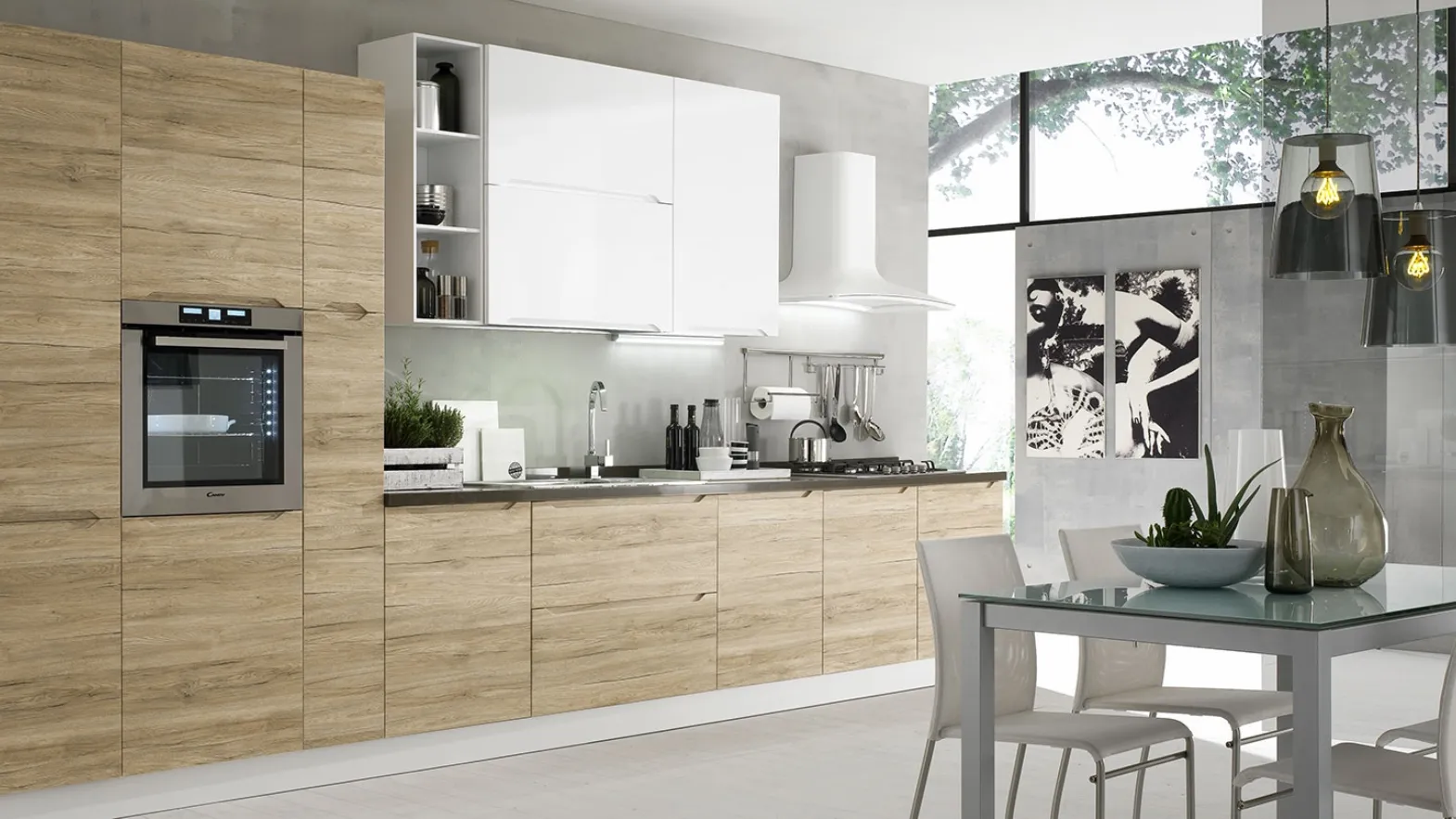 Cucina Moderna lineare Carima Rovere tavolato e Bianco lucido di Evo Cucine