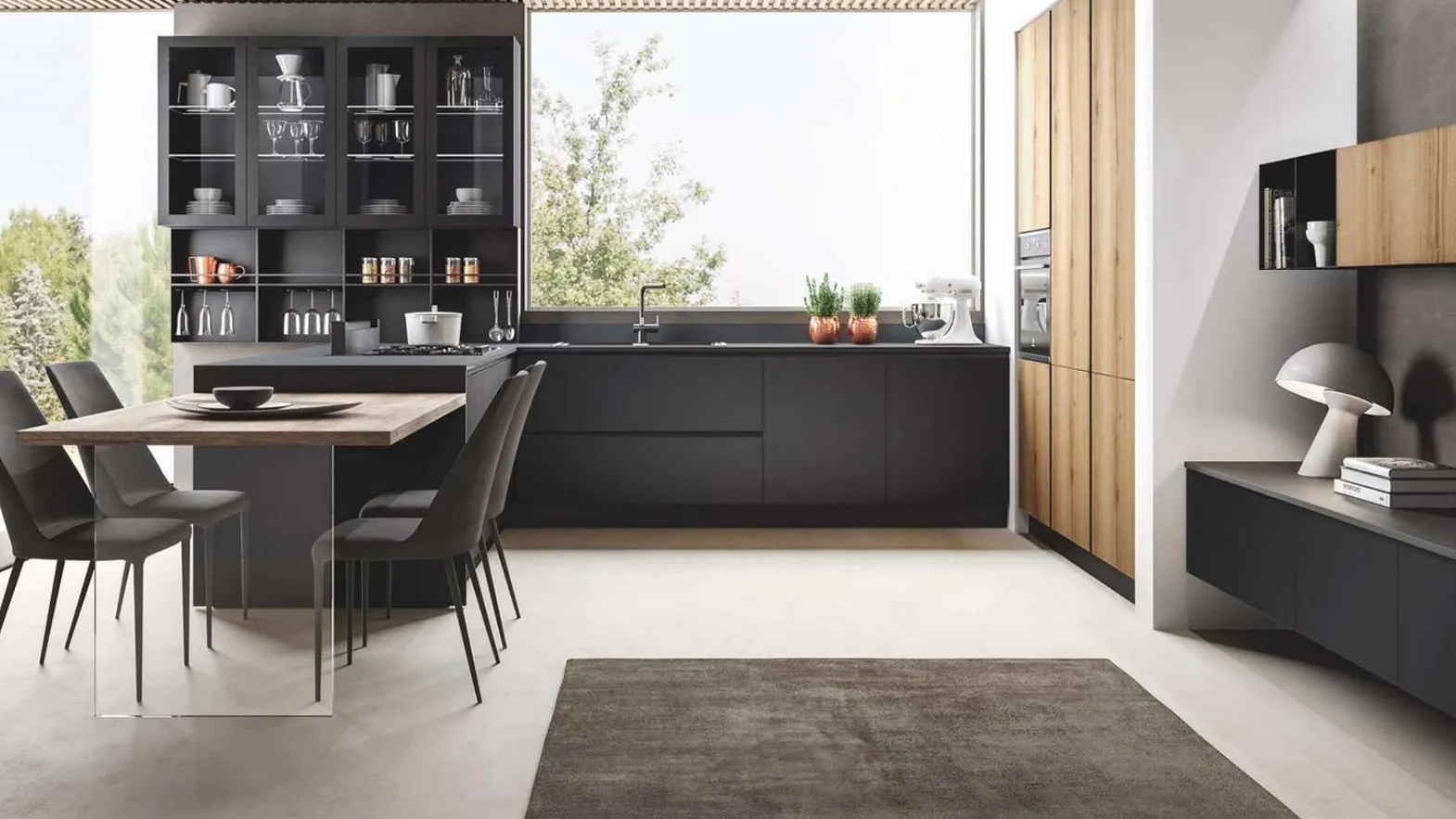 Cucina Moderna Diva in Pet finitura Nero opaco e laminato Rovere naturale di Evo Cucine