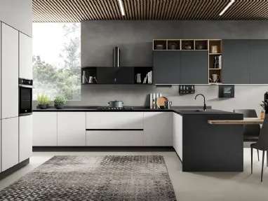 Cucina Moderna con penisola Diva in laminato Rovere Polare e Pet finitura Antracite opaco di Evo Cucine