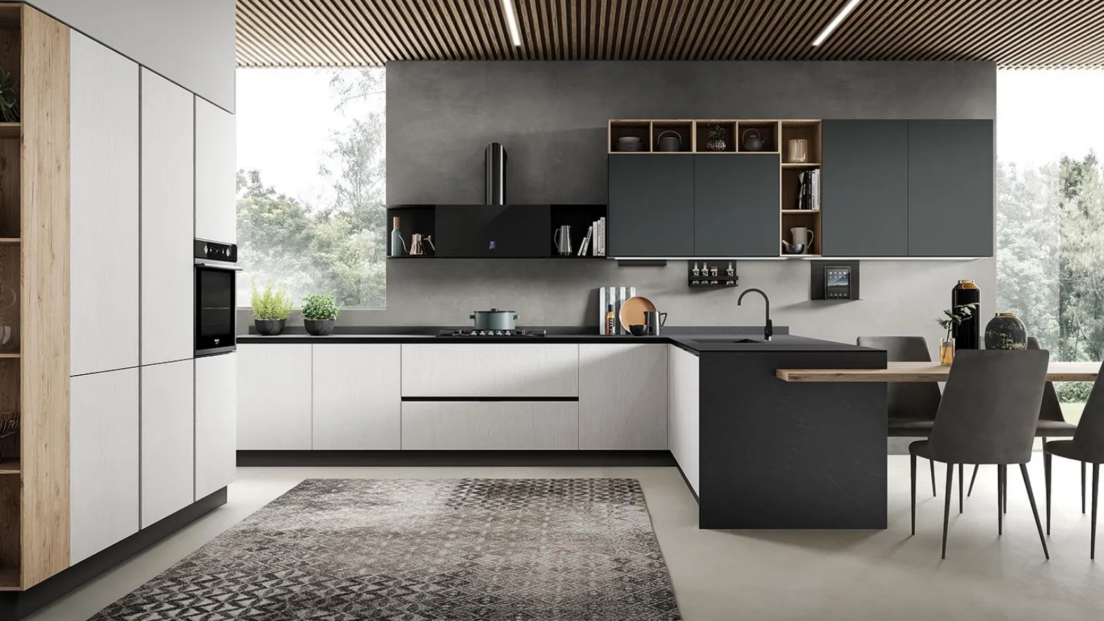 Cucina Moderna con penisola Diva in laminato Rovere Polare e Pet finitura Antracite opaco di Evo Cucine