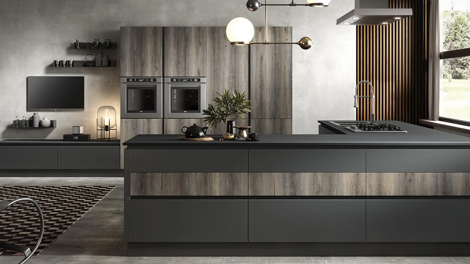 Cucina Moderna con isola Eos in HPL Alevè Artico e Glass Piombo opaco di Evo Cucine