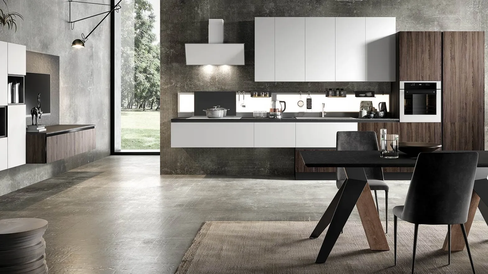 Cucina Moderna lineare Eos in Glass Bianco opaco e HPL Alevè Noce di Evo Cucine