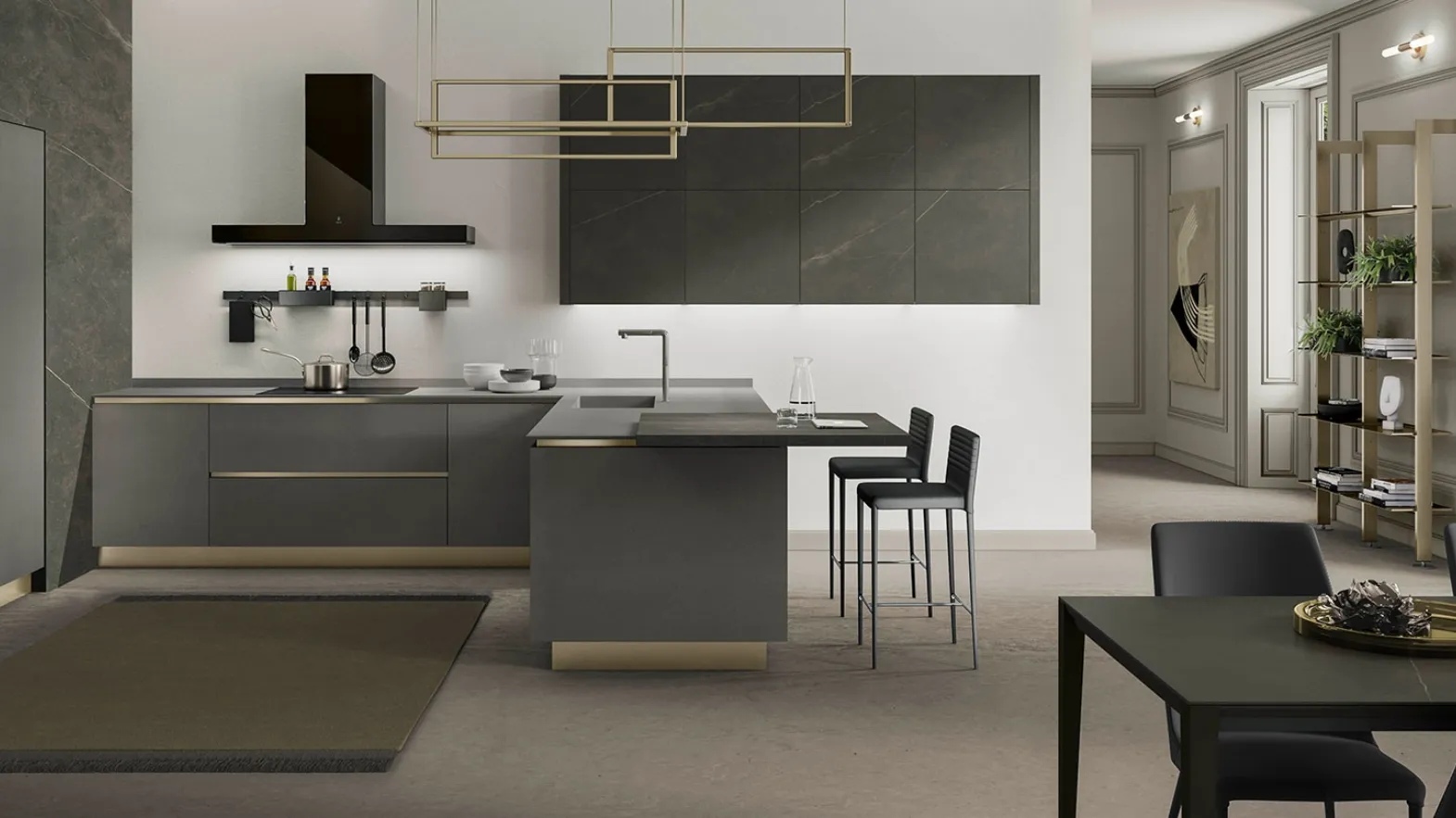 Cucina Moderna con penisola Eos in Gres Grey e Gres Calcite Nera di Evo Cucine