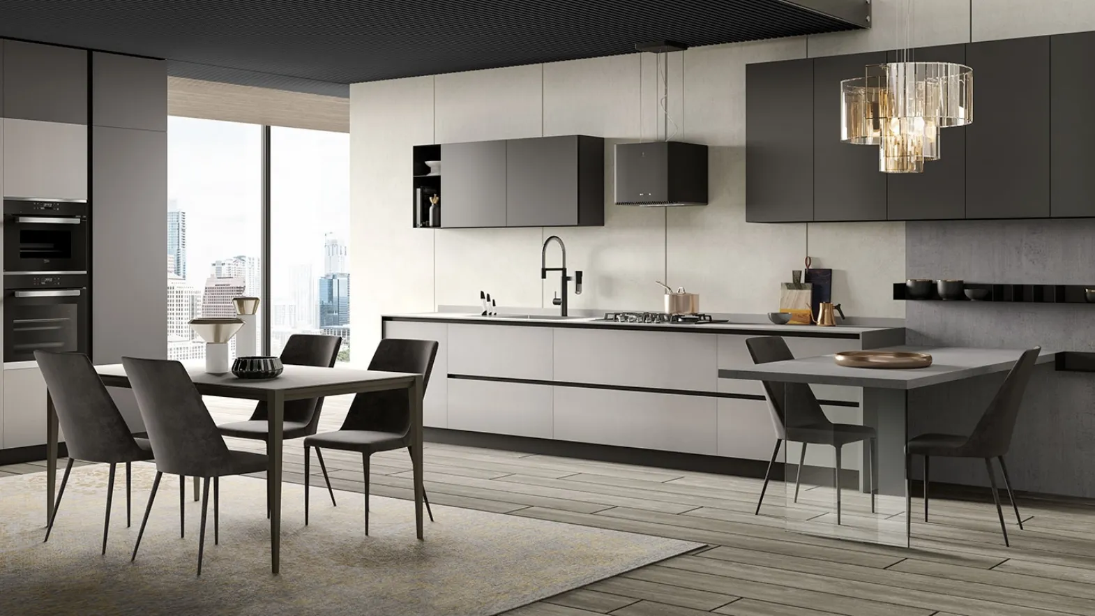 Cucina Moderna con penisola Eos Gres Light Grey e Glass Piombo opaco di Evo Cucine