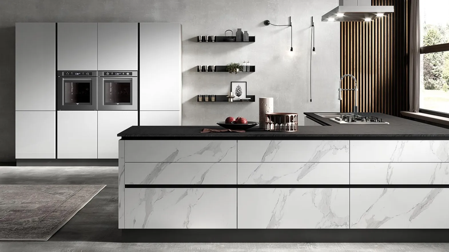 Cucina Moderna con isola Eos in HPL effetto Marmo e Glass Bianco di Evo Cucine