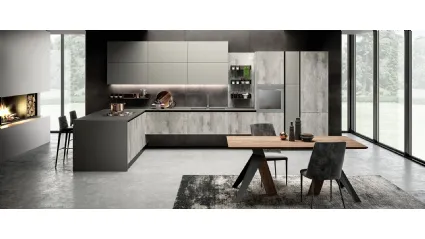 Cucina Moderna con penisola Eos in HPL Papier Cemento e Glass Tortora di Evo Cucine