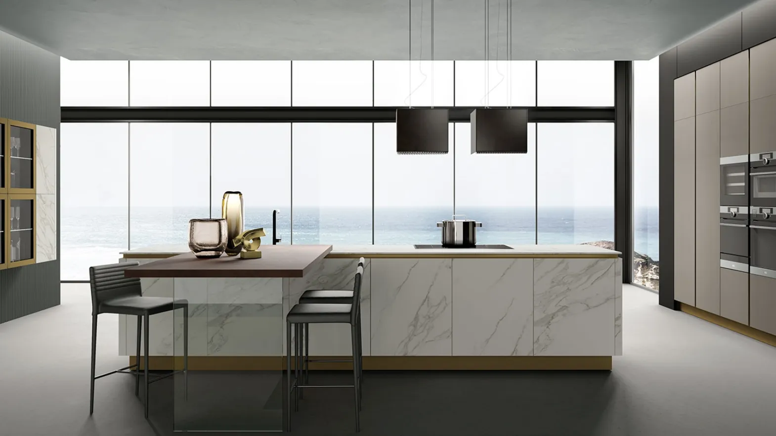 Cucina Moderna con isola Eos in GresTerra e Gres White Marble di Evo Cucine