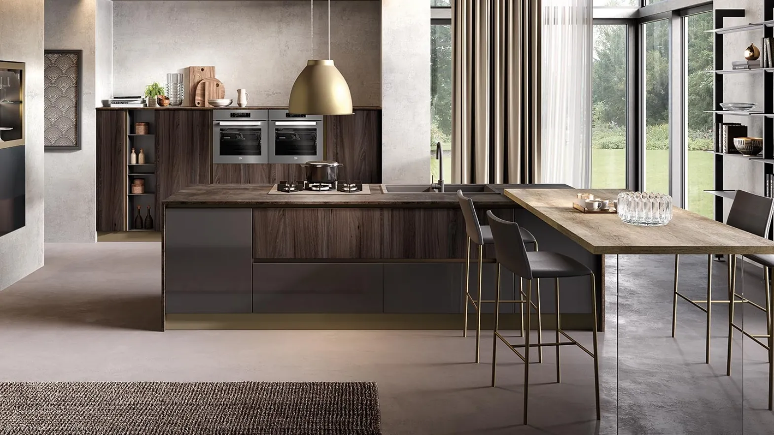 Cucina Moderna con isola Futura in melaminico finitura Antracite lucido e Rovere scuro di Evo Cucine