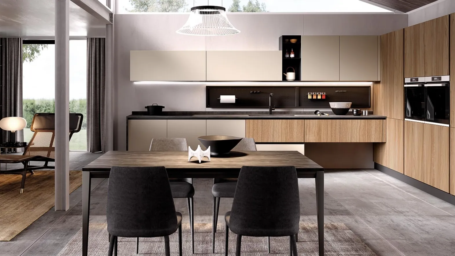 Cucina Moderna angolare Futura in melaminico finitura Corda opaco e Rovere Biondo di Evo Cucine