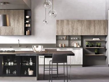 Cucina Moderna con penisola Futura in melaminico finitura Pietra Bianco e Pietra Brunito di Evo Cucine