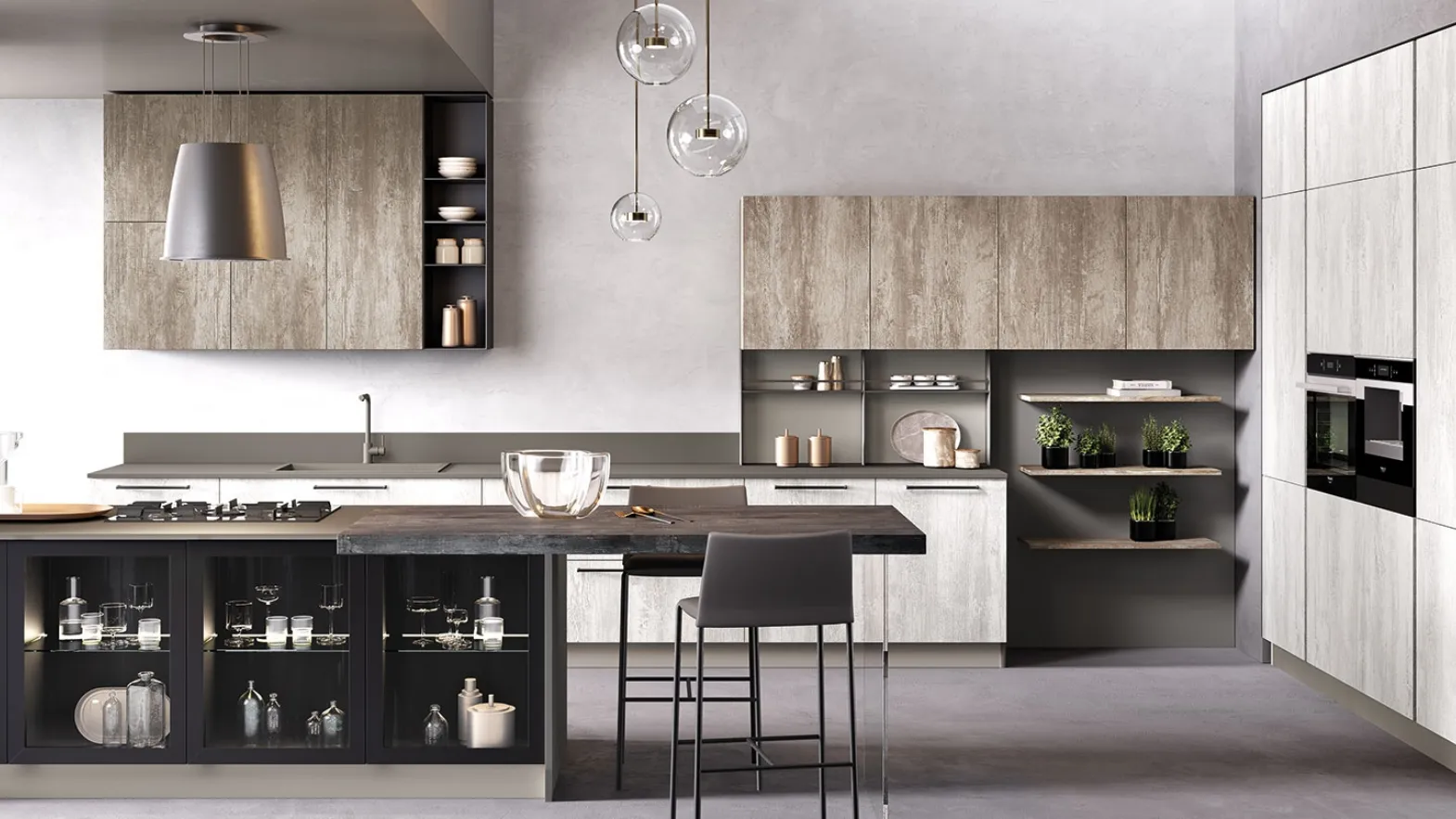 Cucina Moderna con penisola Futura in melaminico finitura Pietra Bianco e Pietra Brunito di Evo Cucine