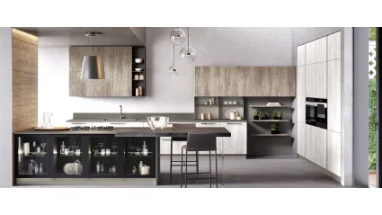 Cucina Moderna con penisola Futura in melaminico finitura Pietra Bianco e Pietra Brunito di Evo Cucine