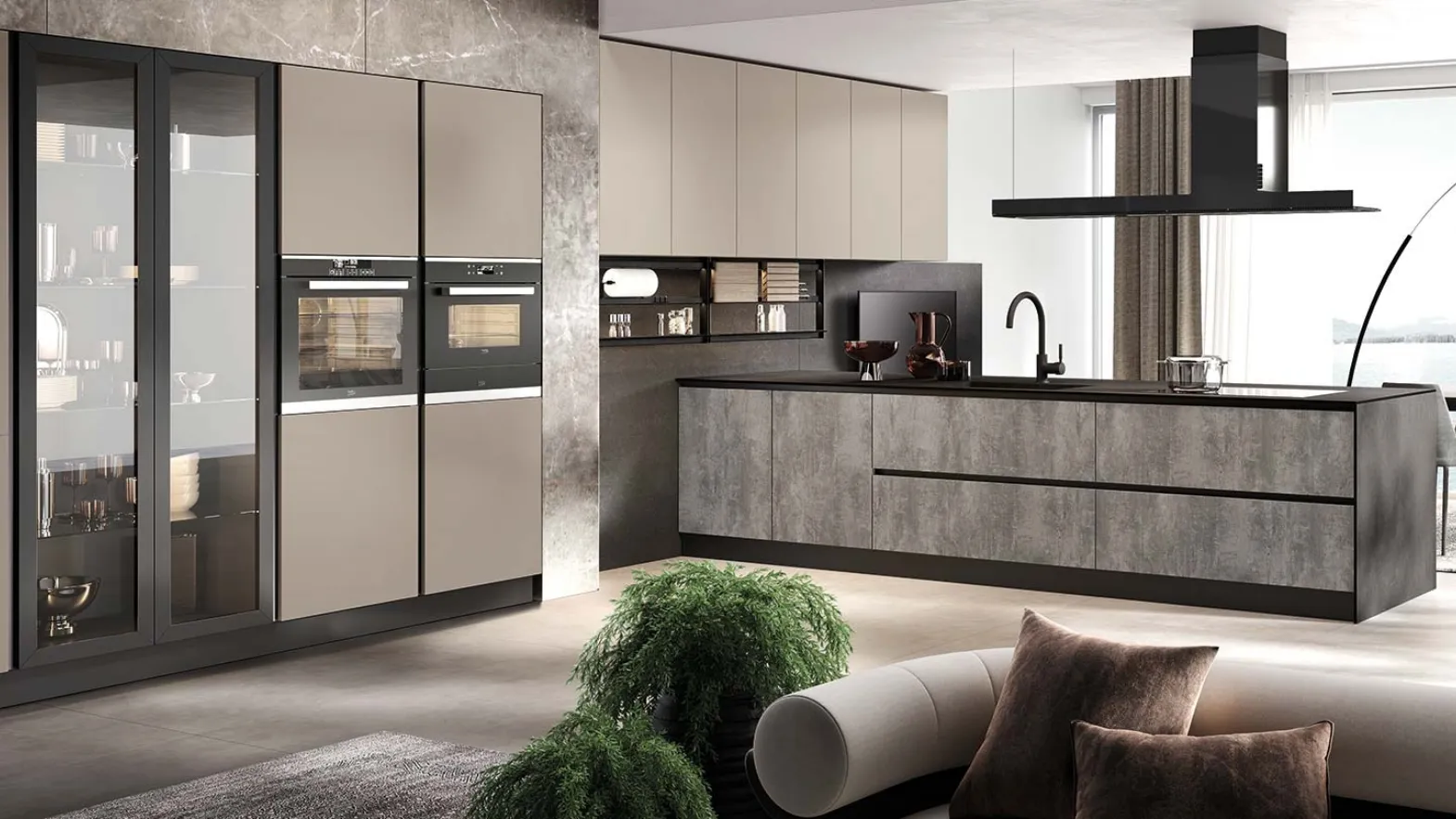 Cucina Moderna con penisola Futura in melaminico finitura Pietra Grigio e Fango opaco di Evo Cucine