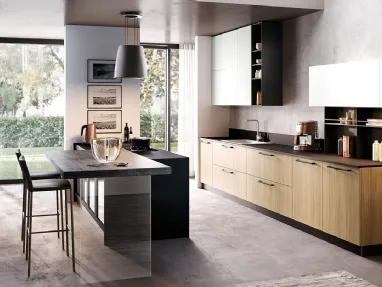 Cucina Moderna con penisola Futura in melaminico finitura Rovere Miele e Seta Bianco opaco di Evo Cucine