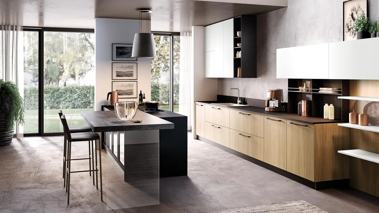 Cucina Moderna con penisola Futura in melaminico finitura Rovere Miele e Seta Bianco opaco di Evo Cucine