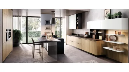 Cucina Moderna con penisola Futura in melaminico finitura Rovere Miele e Seta Bianco opaco di Evo Cucine