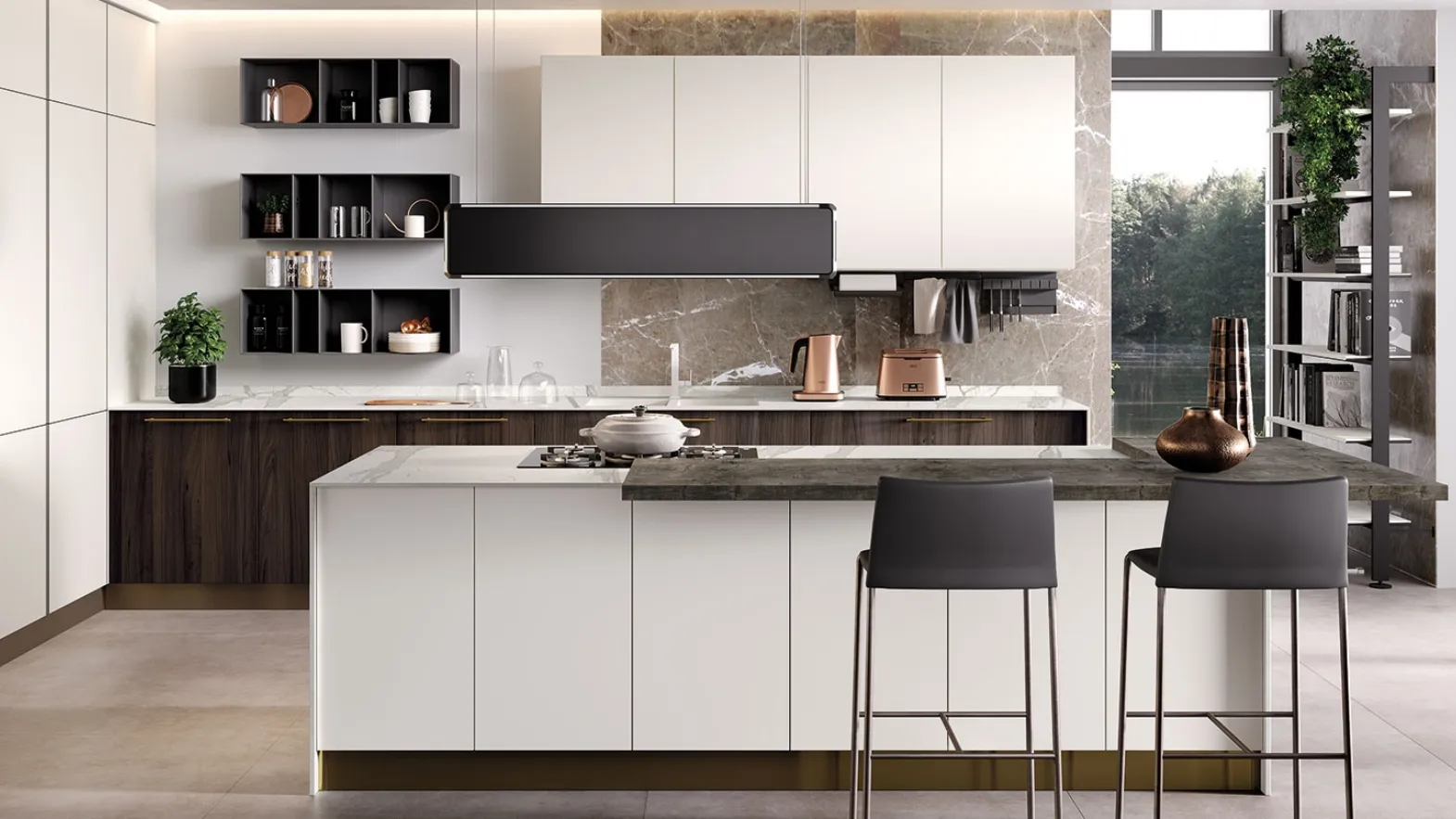 Cucina Moderna con isola Futura in melaminico finitura Rovere scuro e Seta Bianco opaco di Evo Cucine