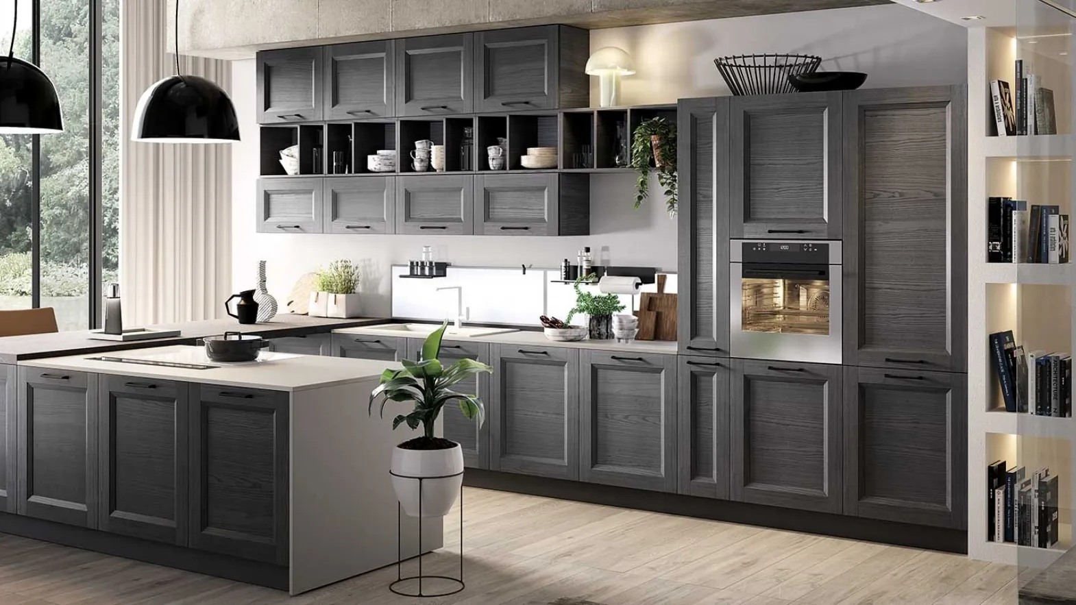 Cucina Moderna con penisola Gea in Frassino finitura Ardesia di Evo Cucine