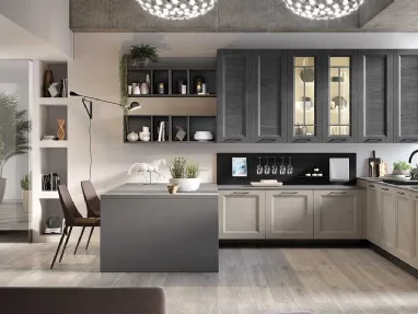 Cucina Moderna con penisola Gea in Frassino finitura Canapa e Ardesia di Evo Cucine