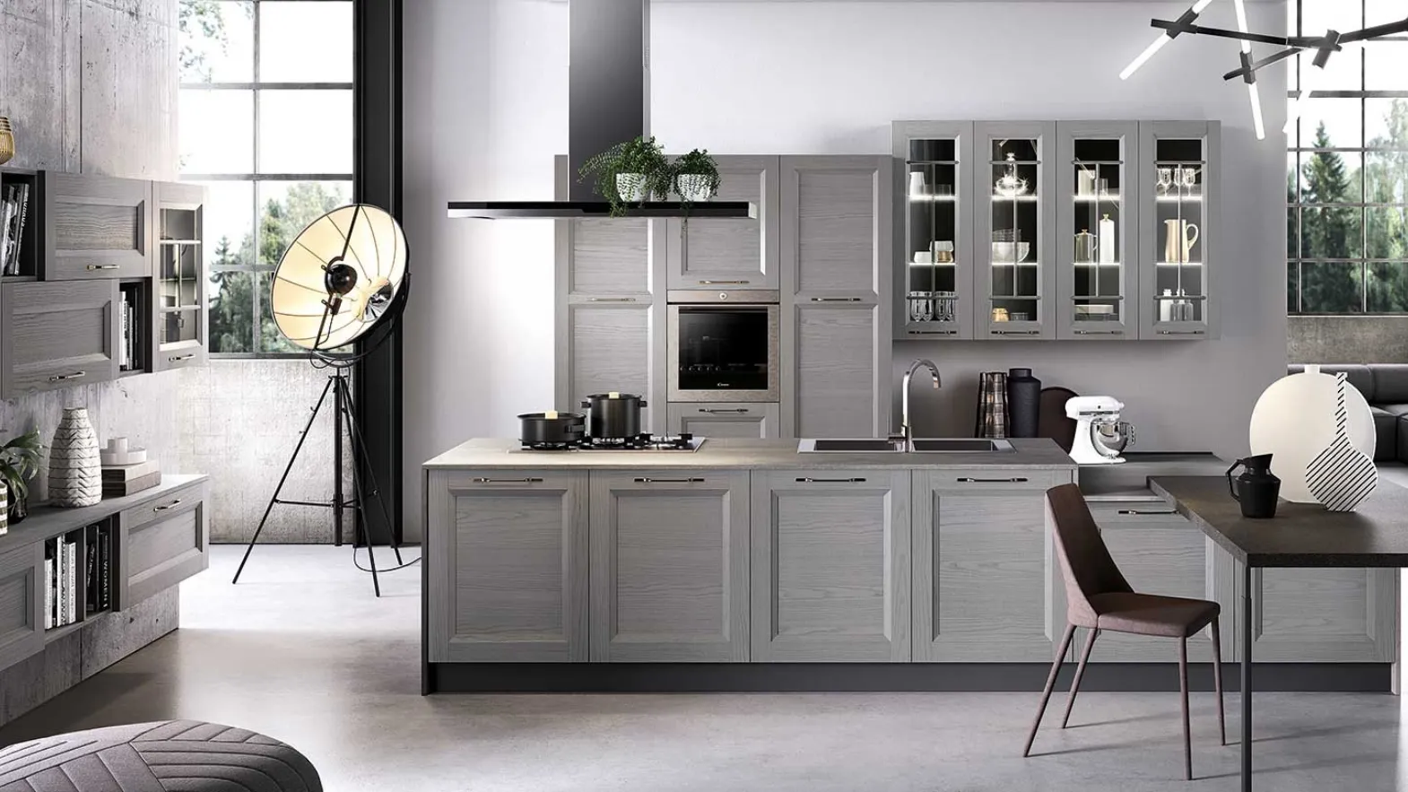 Cucina Moderna con isola Gea in Frassino finitura Grigio Fumo di Evo Cucine