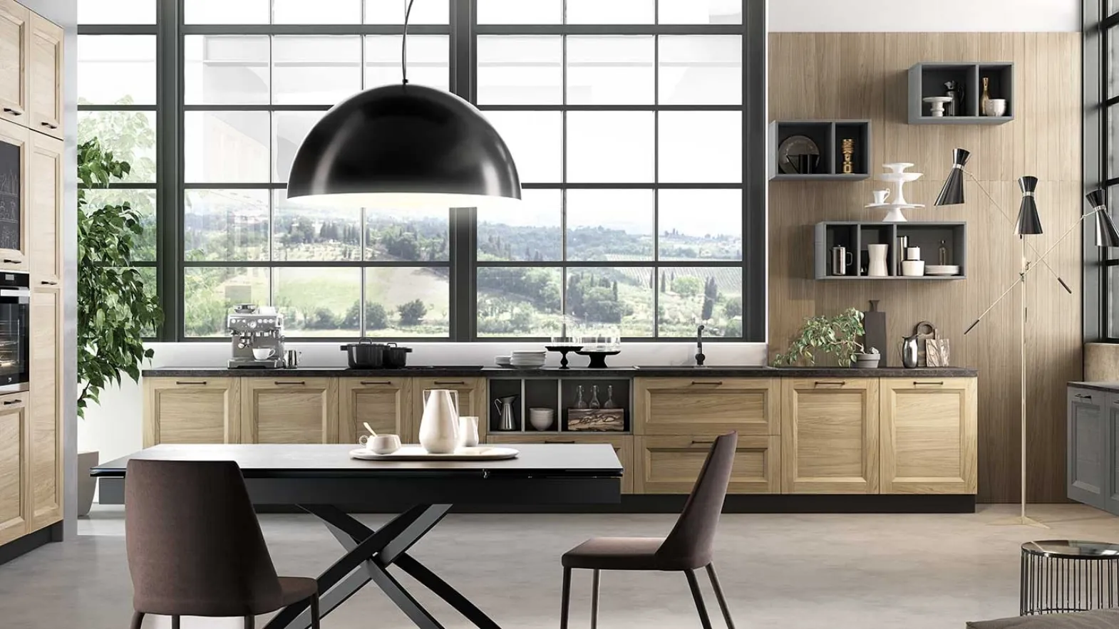 Cucina Moderna ad angolo Gea in Frassino finitura Rovere naturale e Grigio Fumo di Evo Cucine