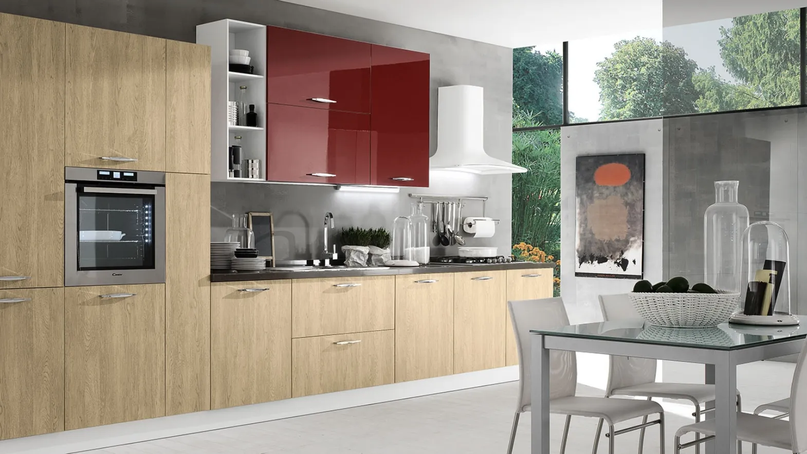 Cucina Moderna lineare Korinna in melaminico finitura Rovere Tortora e Bordeaux lucido di Evo Cucine