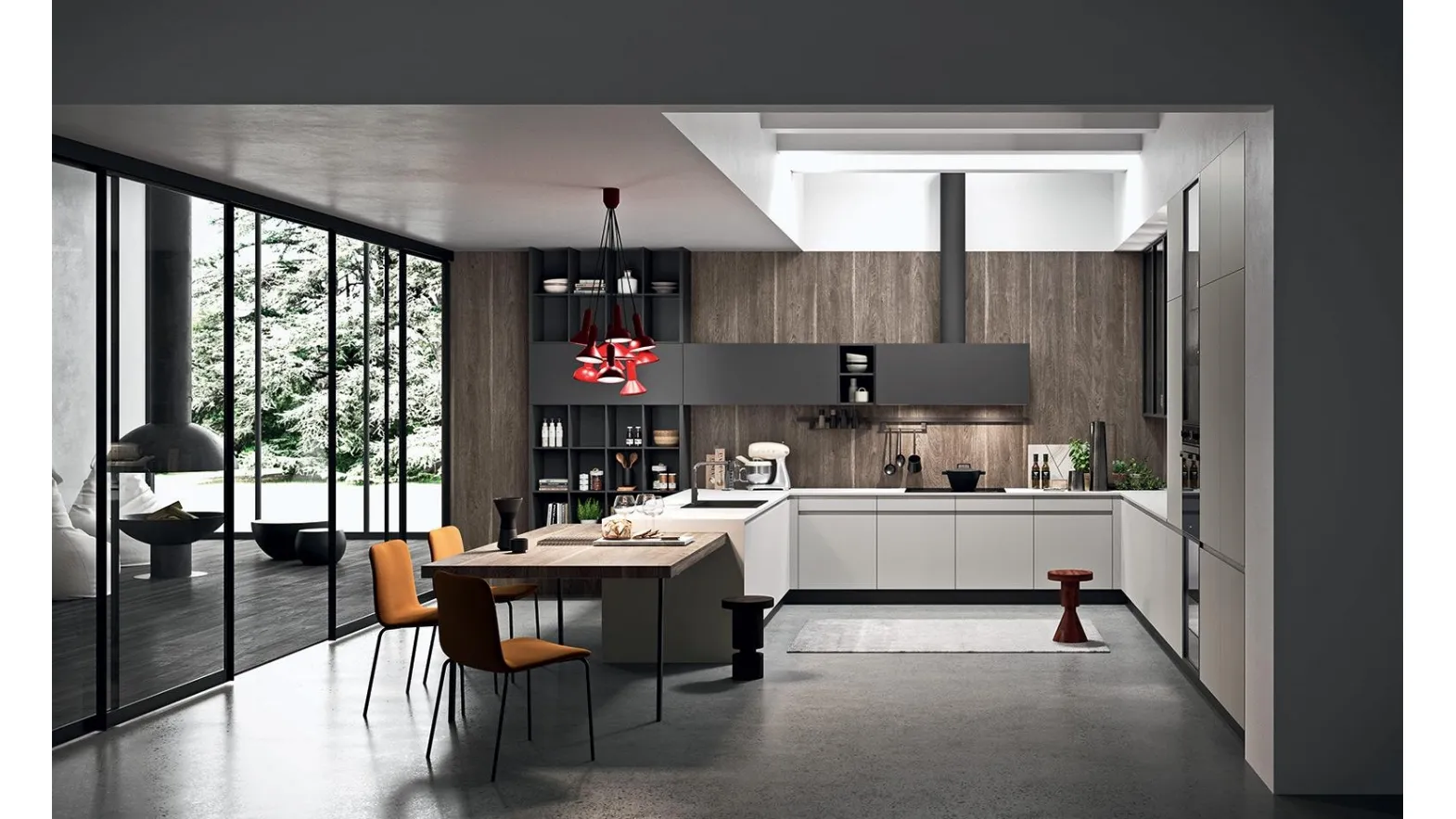 Cucina Moderna angolare con penisola Line 03 in laccato opaco Efeso e Metal Grey di Astra