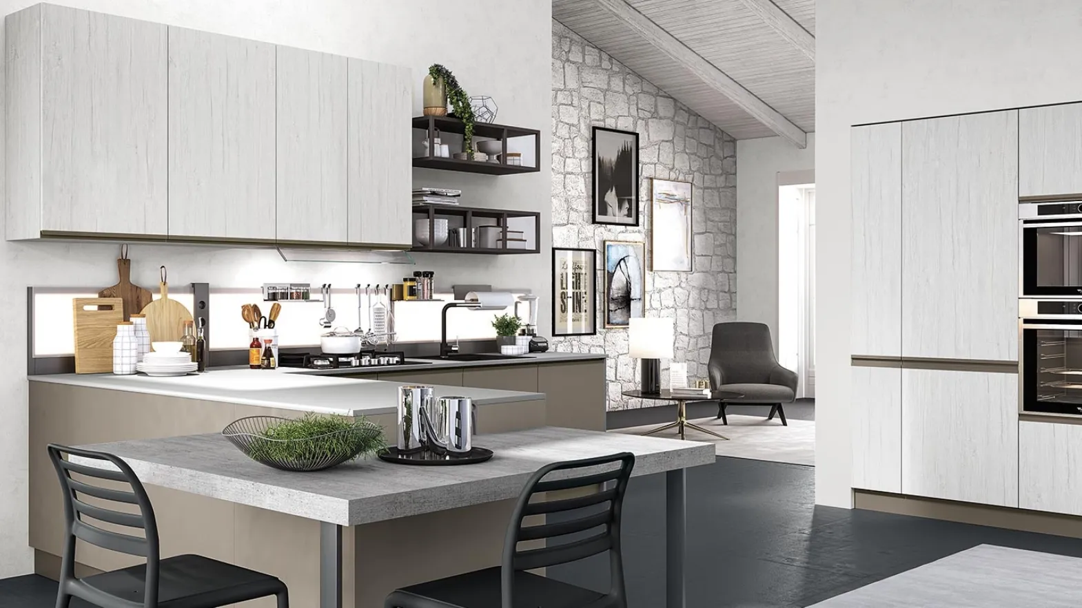 Cucina Moderna con penisola Maia in melaminico finitura Argento e Fango opaco di Evo Cucine