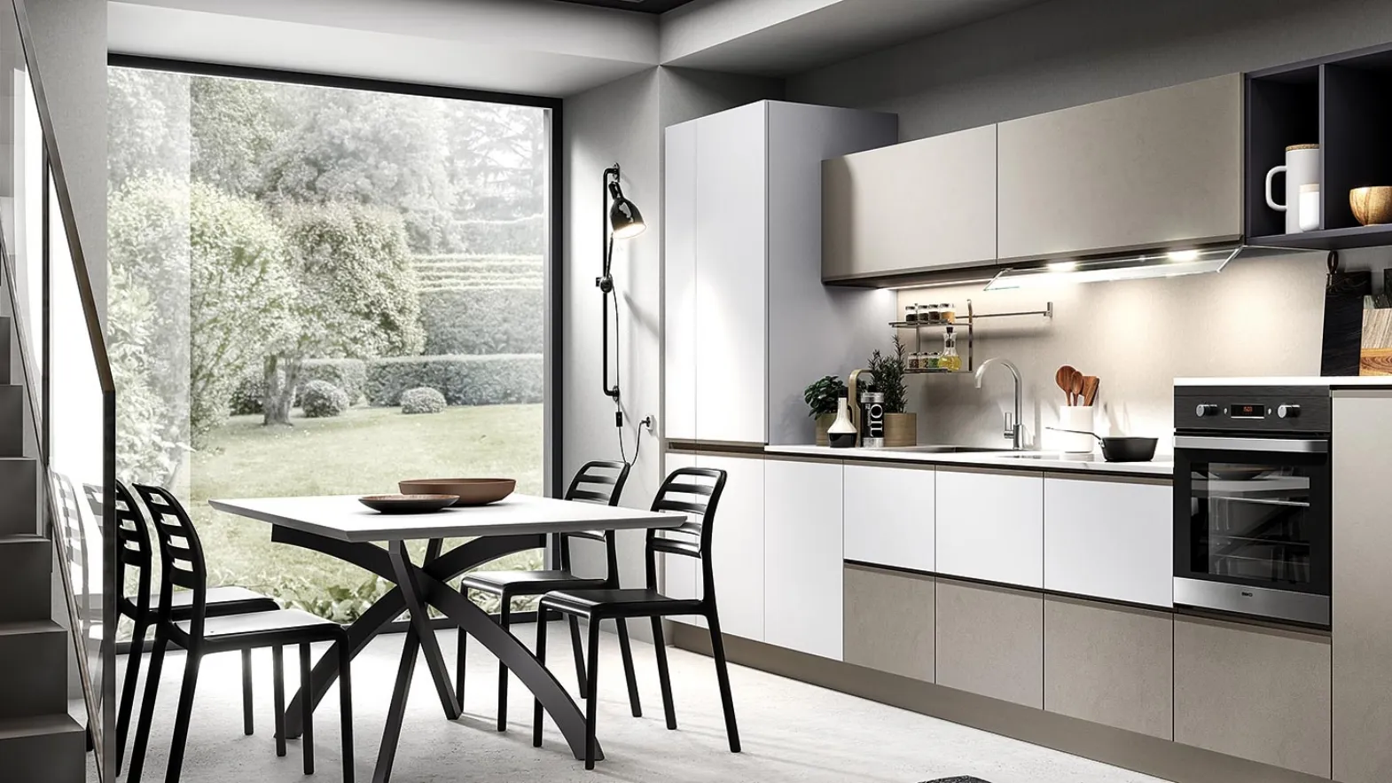 Cucina Moderna lineare Maia in melaminico finitura Cemento Fango e Cemento Bianco di Evo Cucine