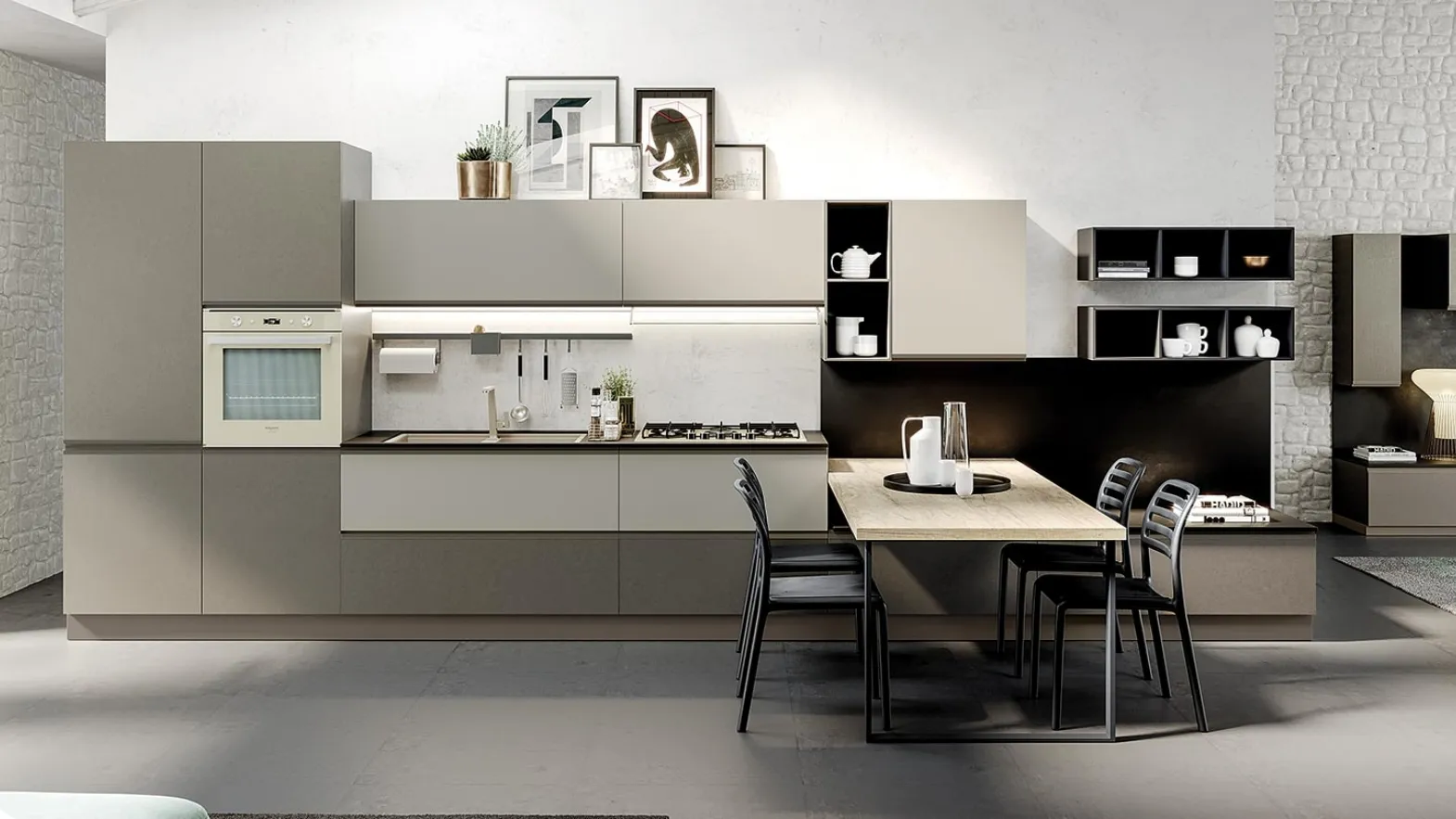 Cucina Moderna con penisola Maia in melaminico finitura Cemento Fango e Corda opaco di Evo Cucine