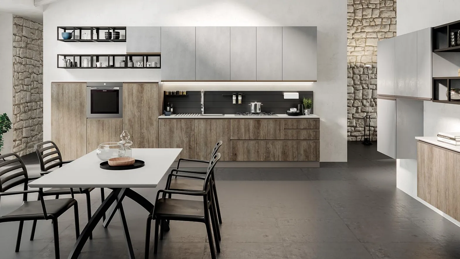 Cucina Moderna lineare Maia in melaminico finitura Cemento Grigio e Legno naturale di Evo Cucine