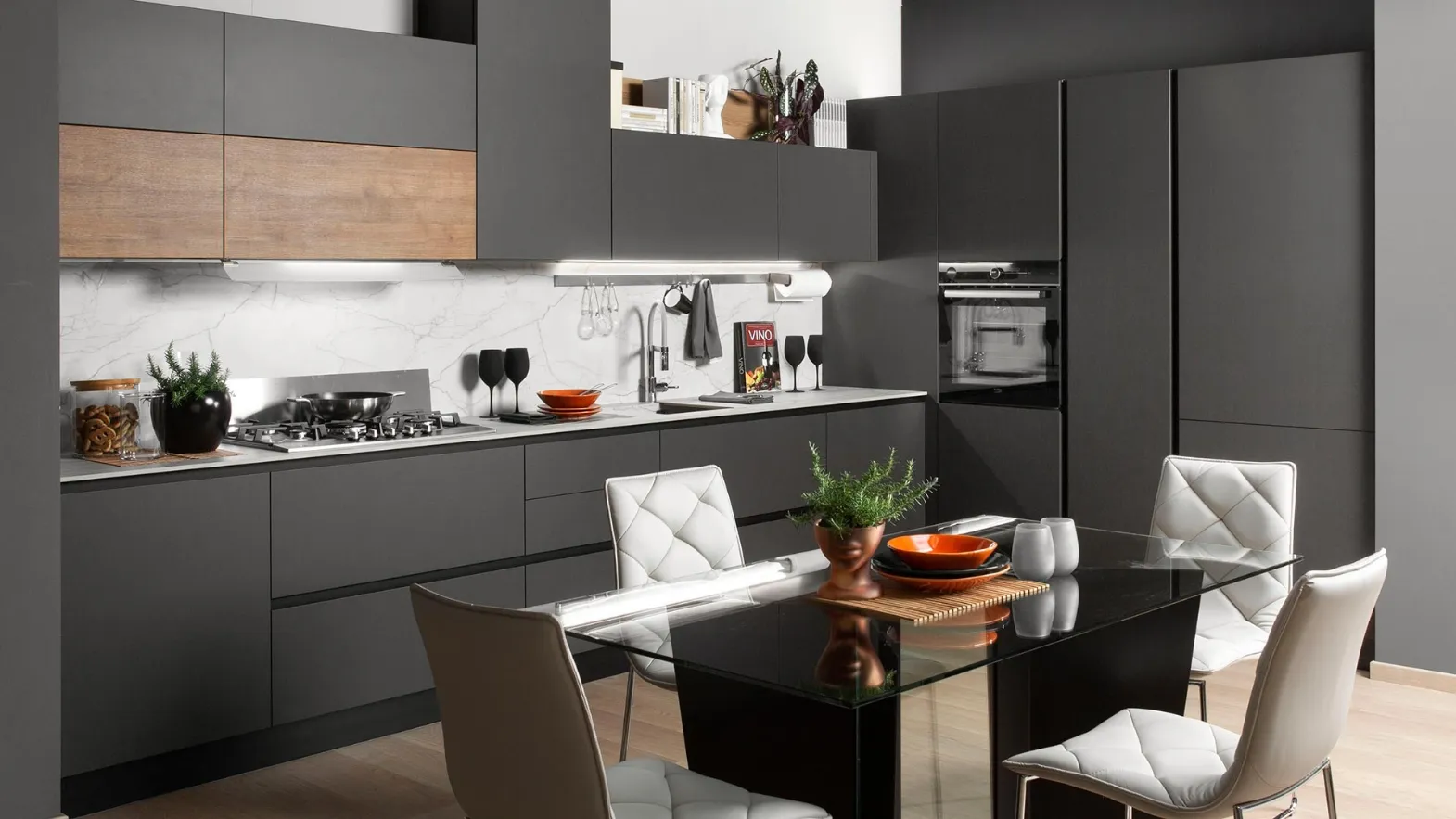 Cucina Moderna angolare Rio finitura Fumo opaco e Rovere naturale di Evo Cucine