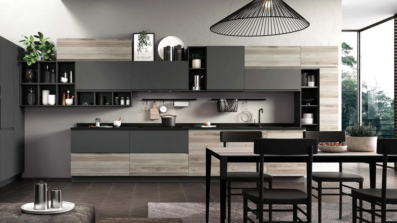 Cucina Moderna ad angolo finitura Aria Rovere Corda e laccato Antracite opaco di Evo Cucine